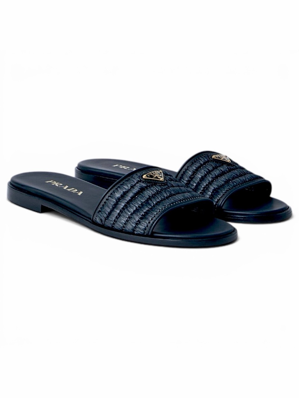PRADA leather and raffia crochet slides sandals